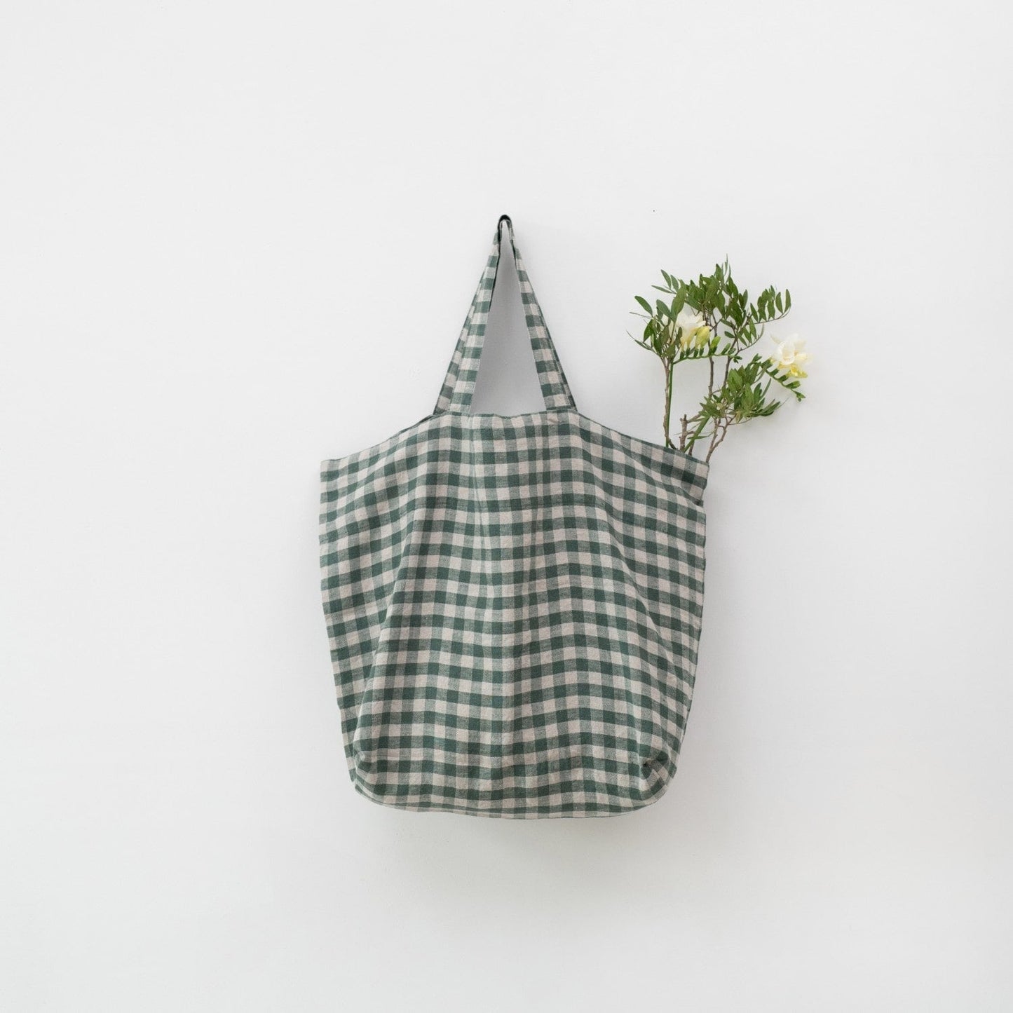 Forest Green Gingham lino didelis krepšys — naturalusdrabuziai.lt