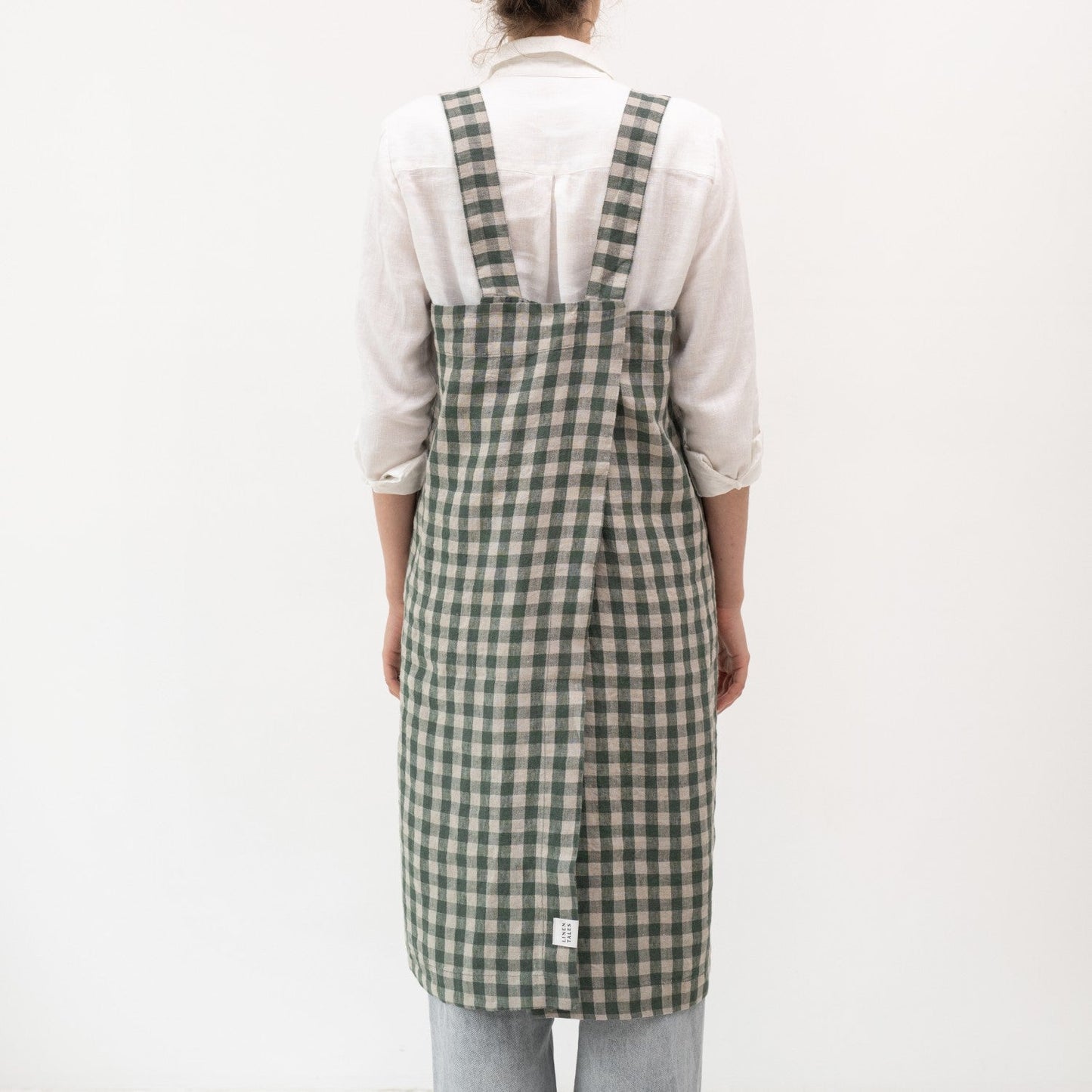 lino Tales Forest Green Gingham lino Pinafore prijuostė — naturalusdrabuziai.lt