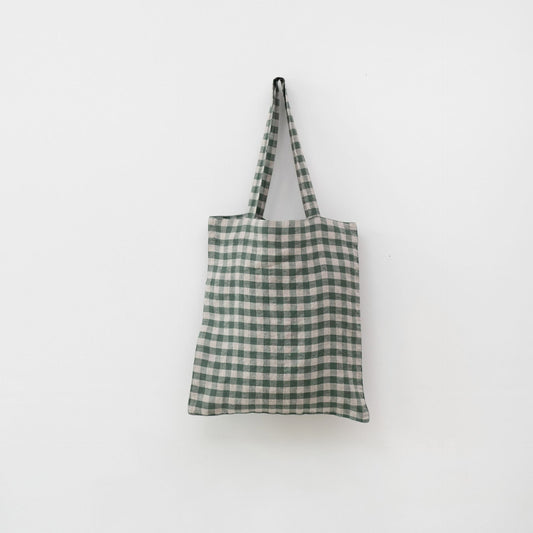 lino Tales Forest Green Gingham lino pirkinių krepšys — naturalusdrabuziai.lt