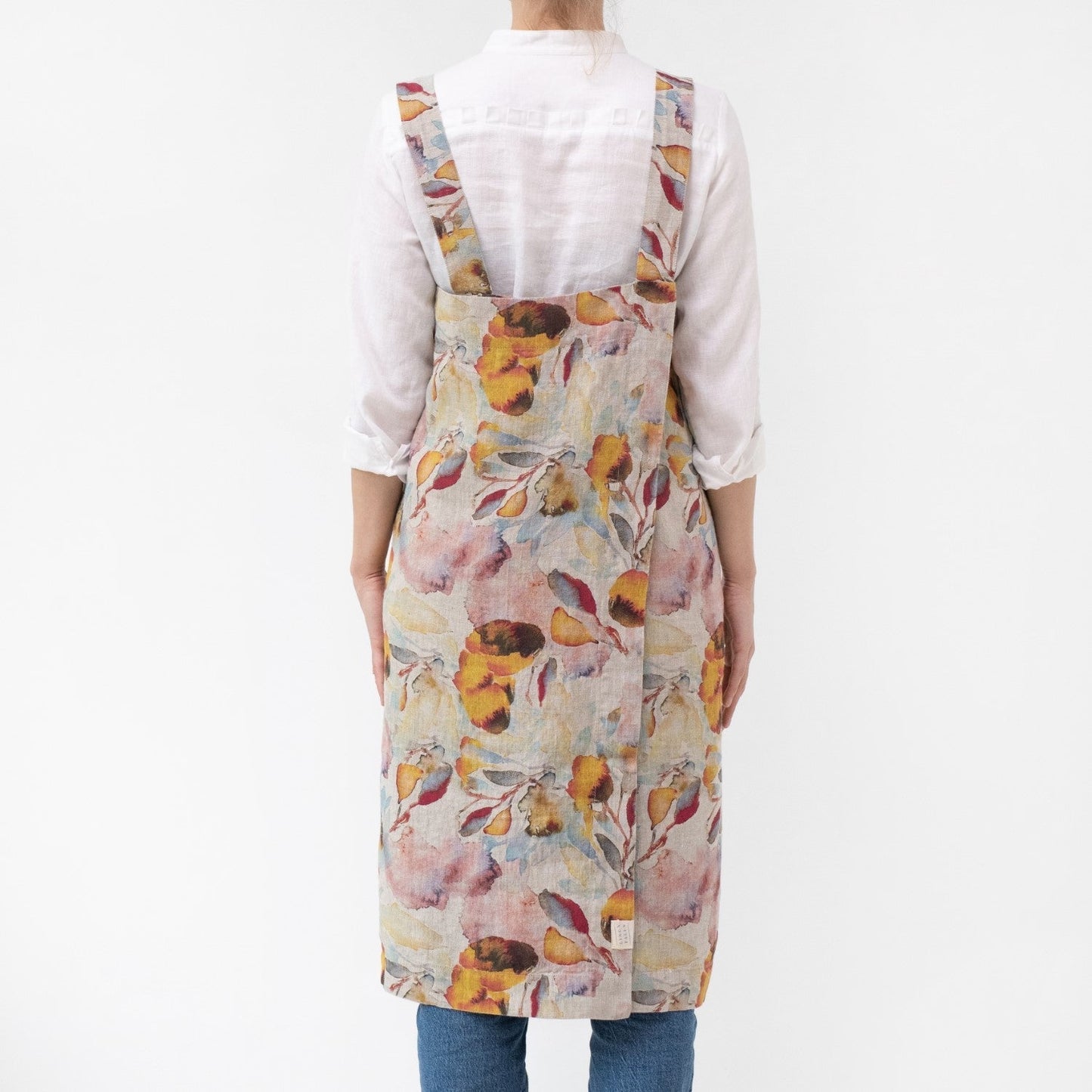 lino Tales Orange Flow on Light Natural lino Pinafore prijuostė — naturalusdrabuziai.lt