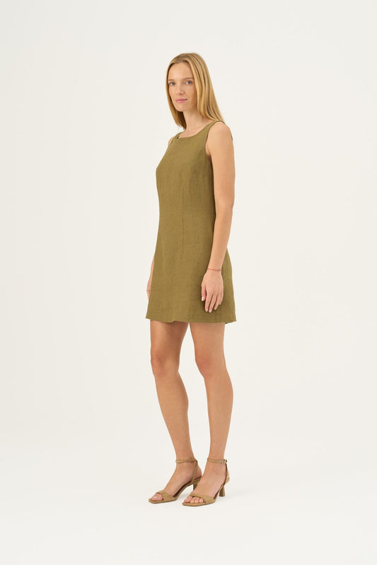 Olive Khaki lino Alba suknelė — naturalusdrabuziai.lt
