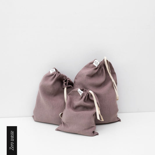 Zero Waste Ashes of Roses lino Drawstring Bags rinkinys of 3 — naturalusdrabuziai.lt