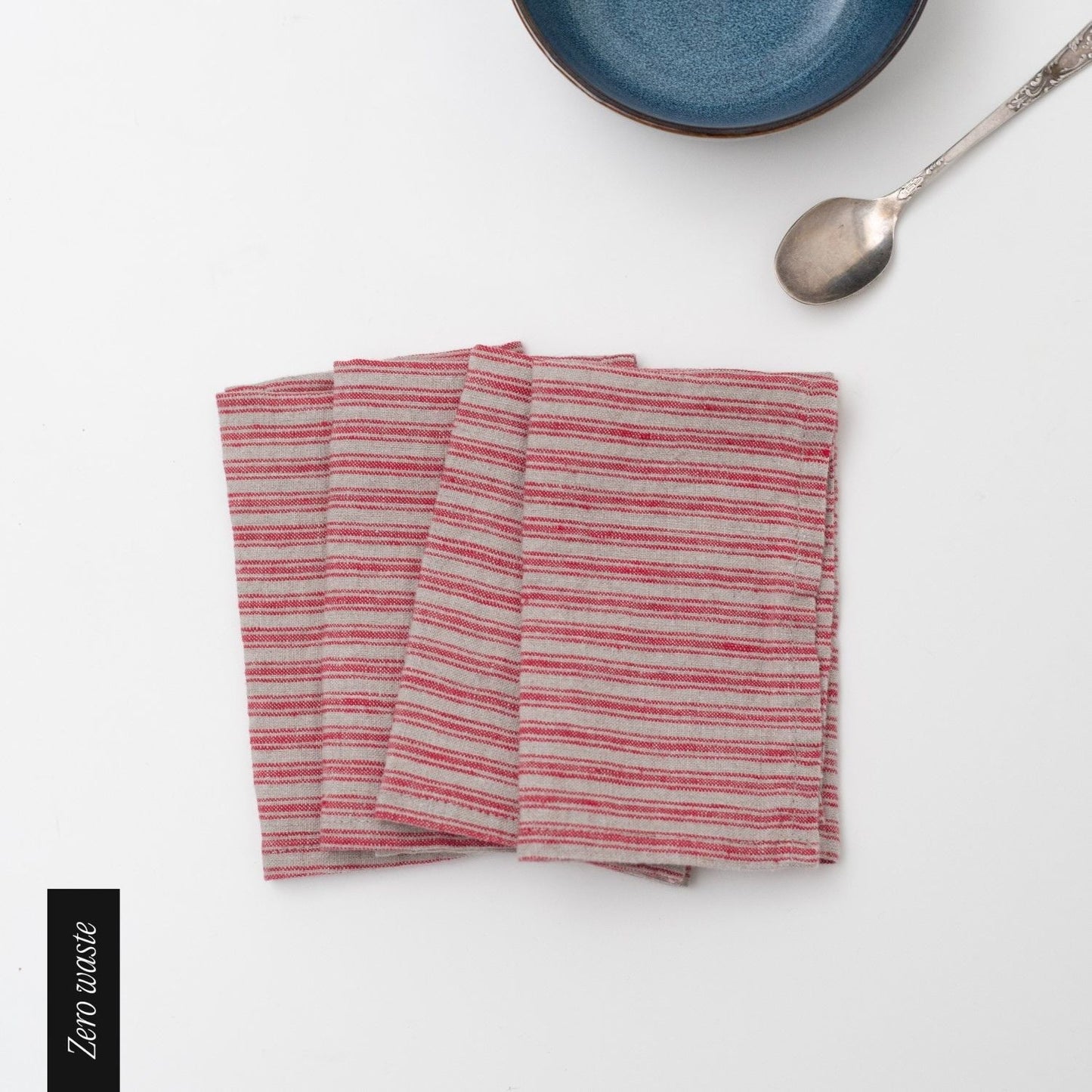 Zero Waste Red Natural Stripes lino servetėlių rinkinys 4 vnt. — naturalusdrabuziai.lt