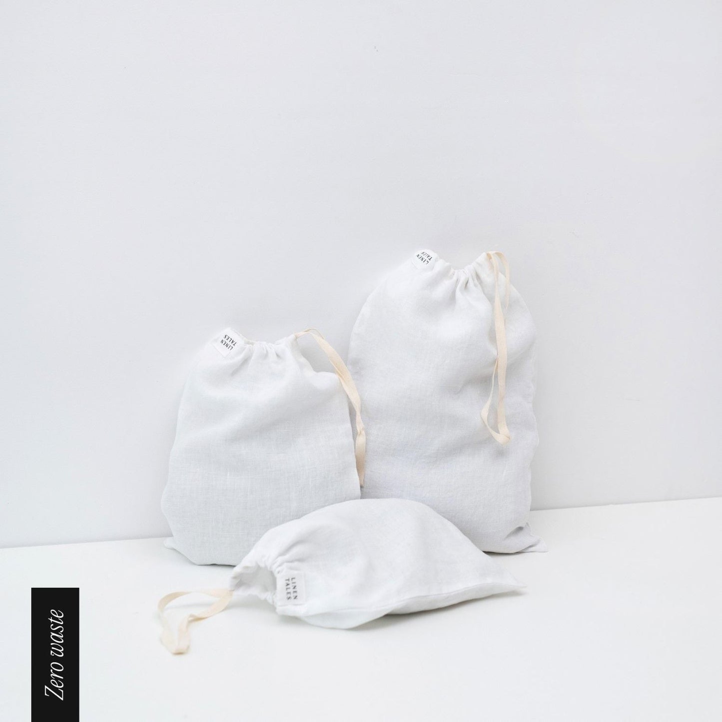 Zero Waste White lino Drawstring Bags rinkinys of 3 — naturalusdrabuziai.lt