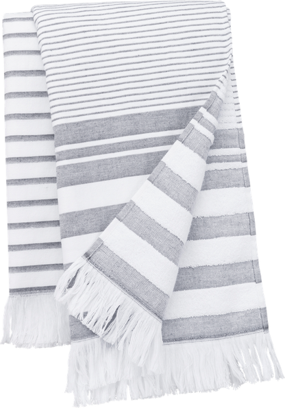 Dryžuotas medvilninis Fouta paplūdimio rankšluostis su kutais — naturalusdrabuziai.lt