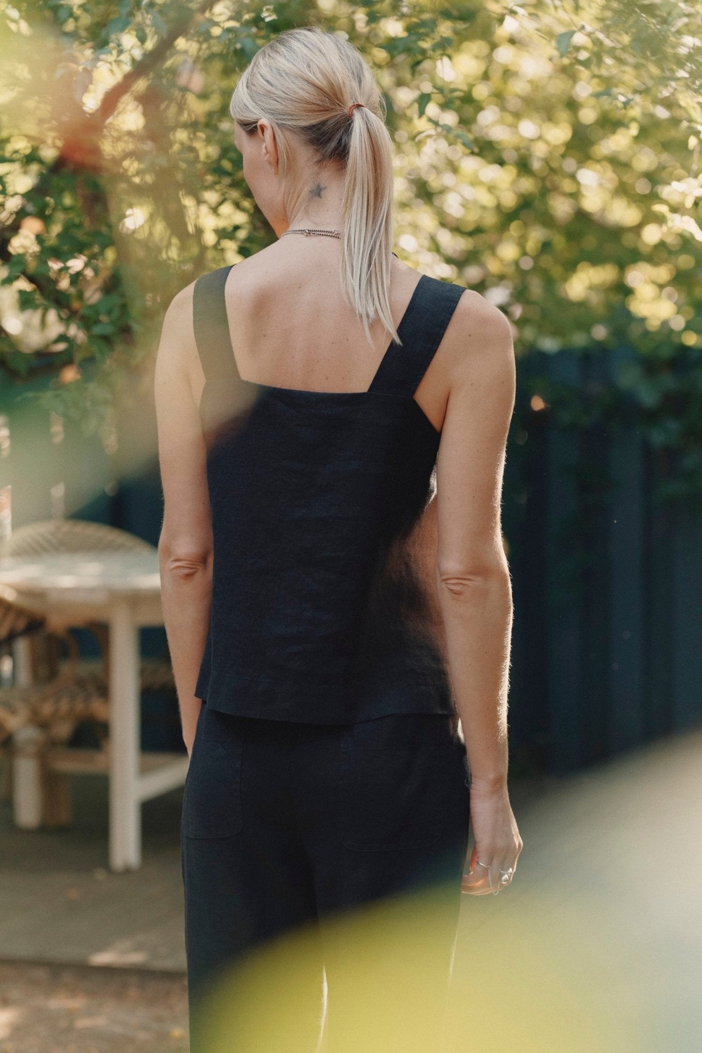 Black Linen Polka Top