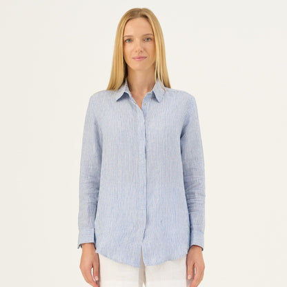 Blue White Stripes lino Azalea marškiniai — naturalusdrabuziai.lt