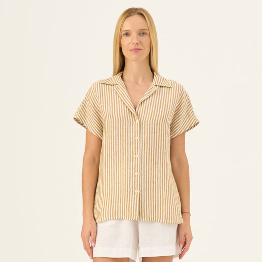 Bronze White Stripes lino Melody marškiniai — naturalusdrabuziai.lt