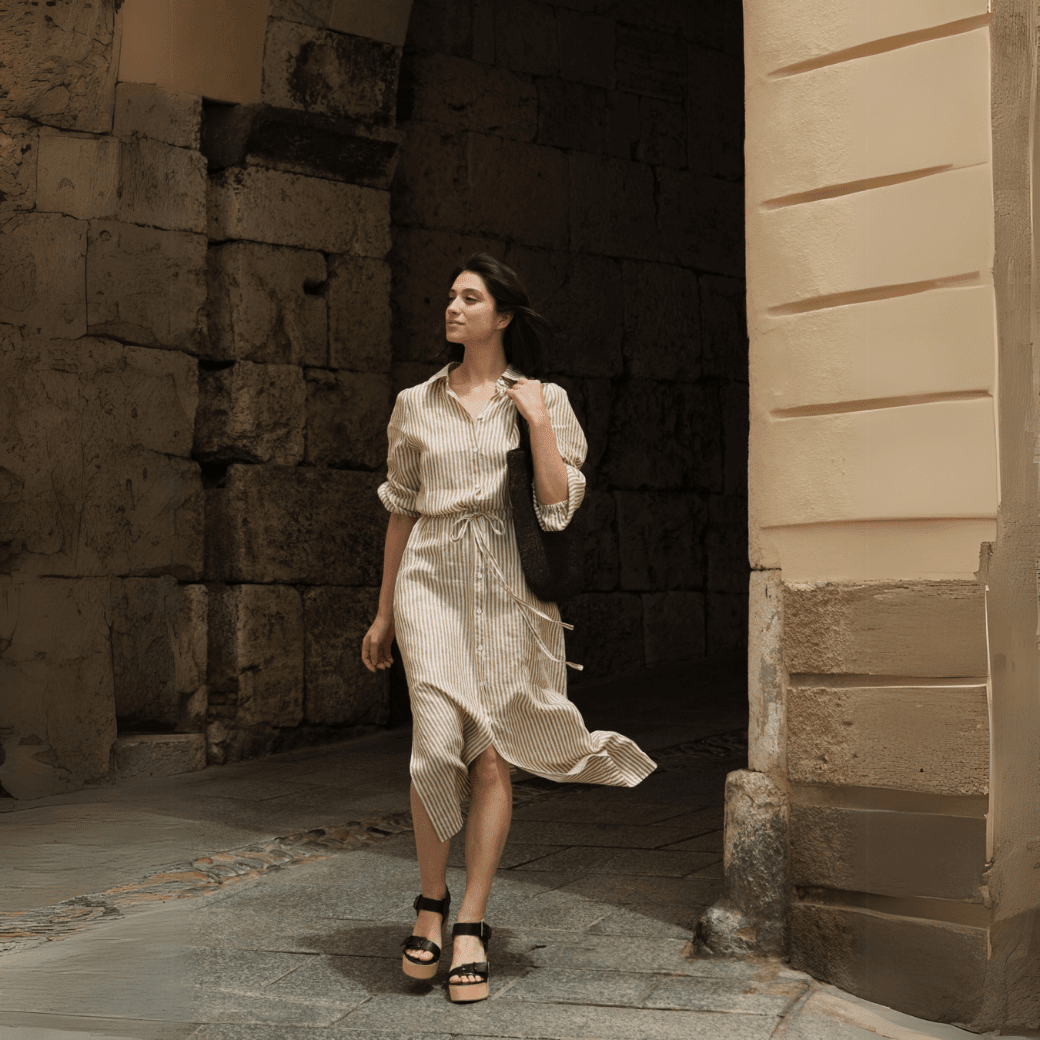Bronze White Stripes Linen Rhapsody Dress