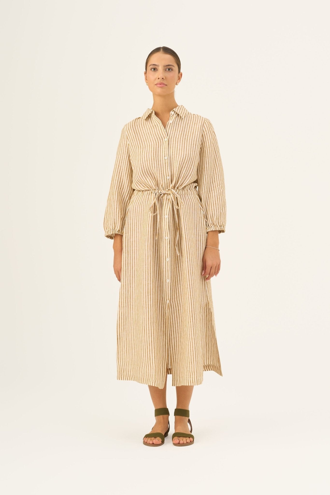 Bronze White Stripes Linen Rhapsody Dress