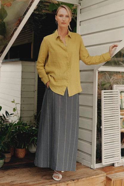 Dark Grey with White Stripe lino Jasmine sijonas — naturalusdrabuziai.lt