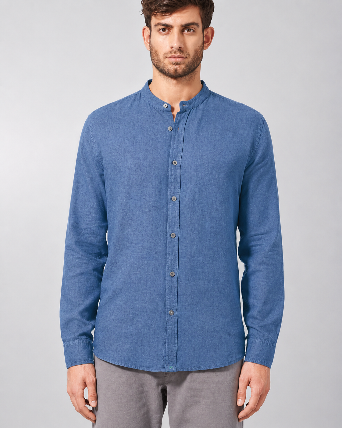 Vyriški 100% kanapių marškiniai stačia apykakle (Slim Fit) – Mėlynių