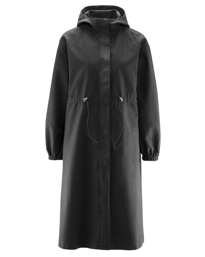 Moteriškas paltas su gobtuvu iš kanapių ir ekologiškos medvilnės – Juoda