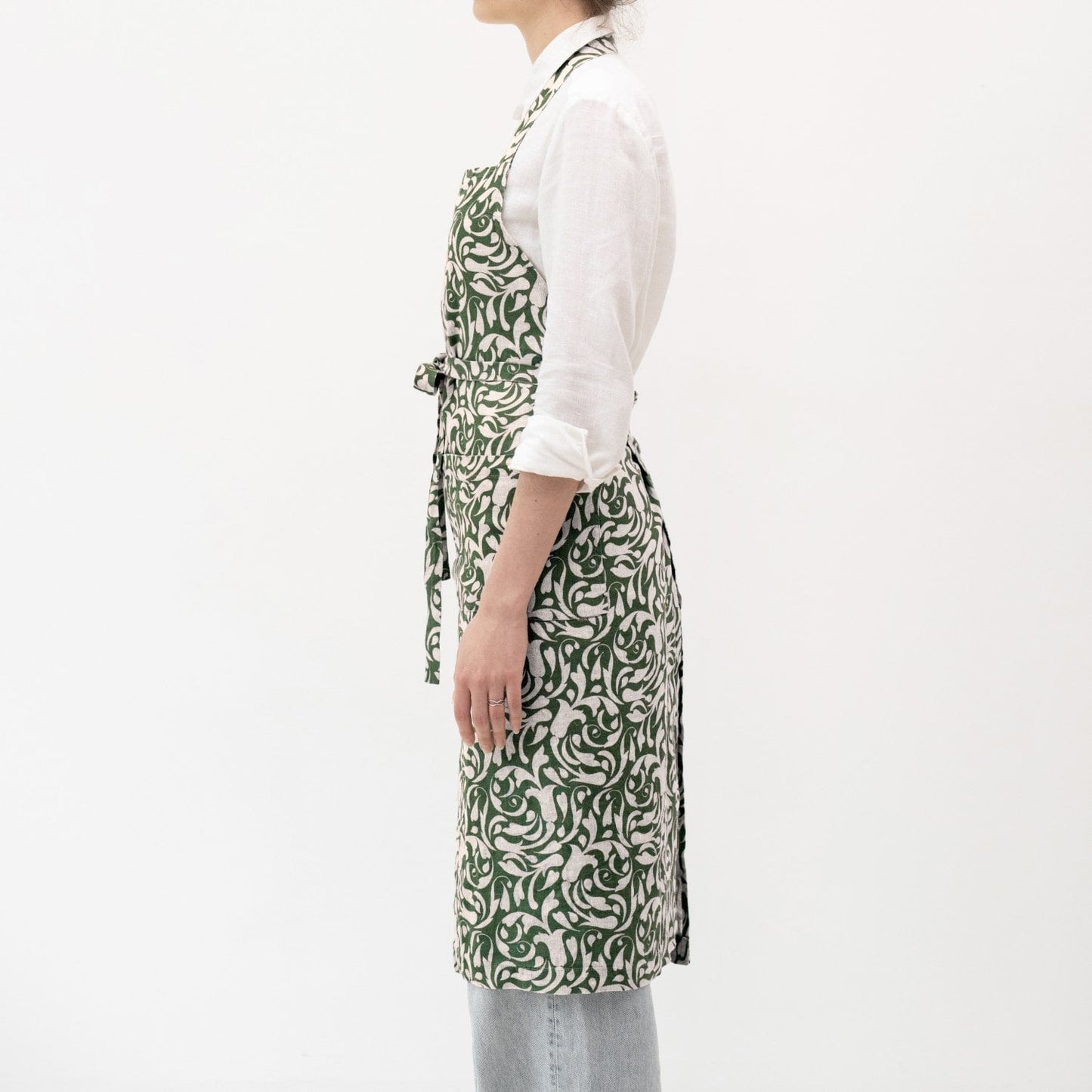 Evergreen Damask lino šefo prijuostė — naturalusdrabuziai.lt