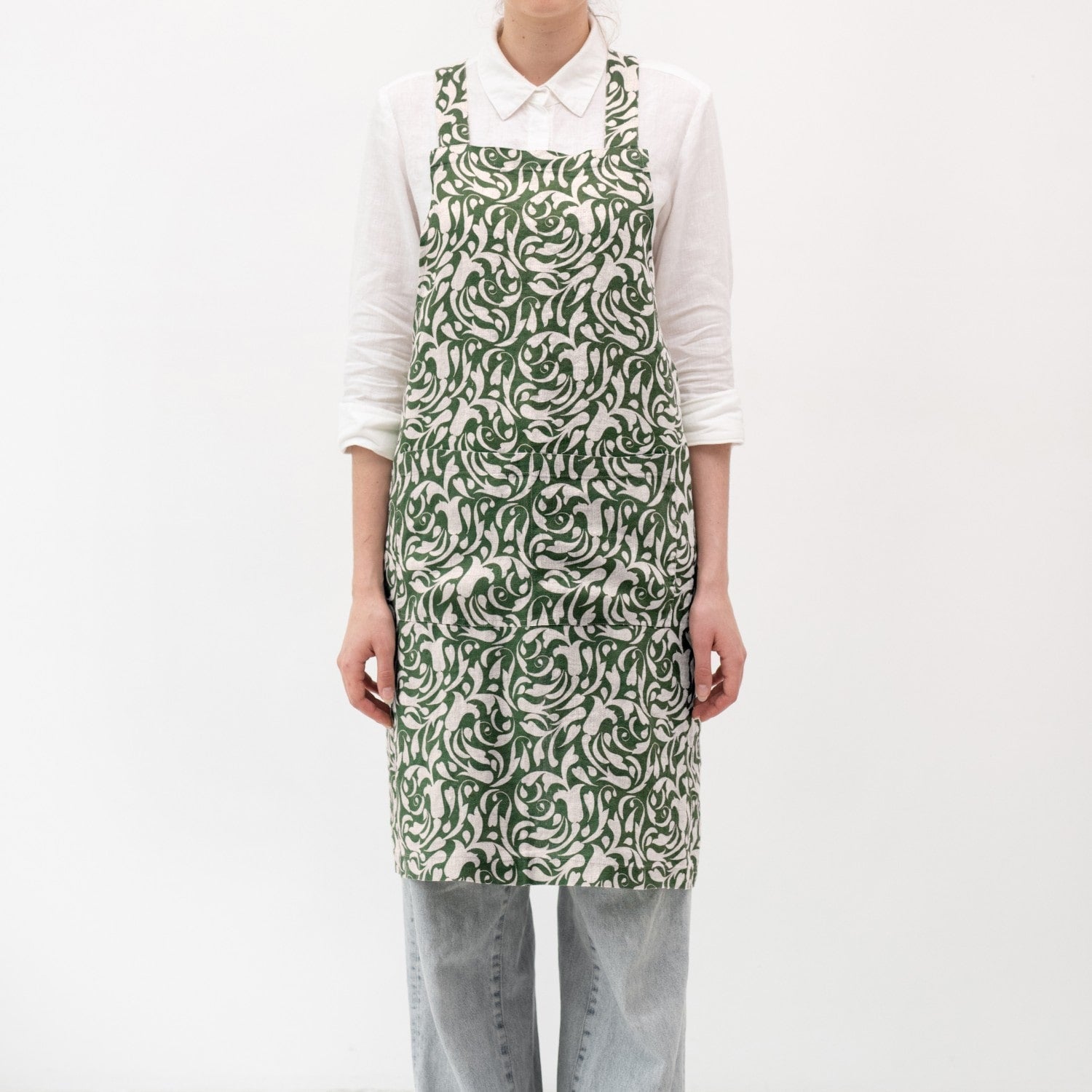 Evergreen Damask lino kryžminio tipo prijuostė — naturalusdrabuziai.lt