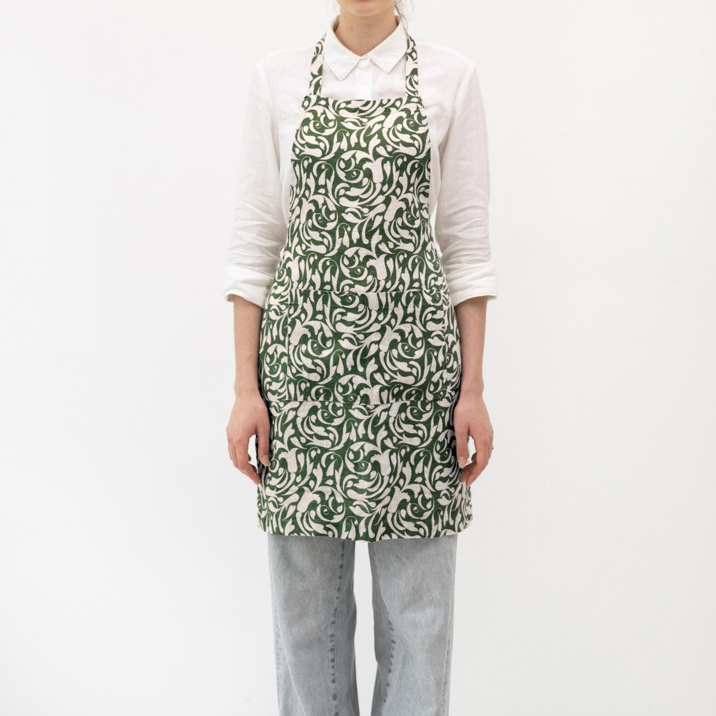 Evergreen Damask lino kasdienė prijuostė — naturalusdrabuziai.lt