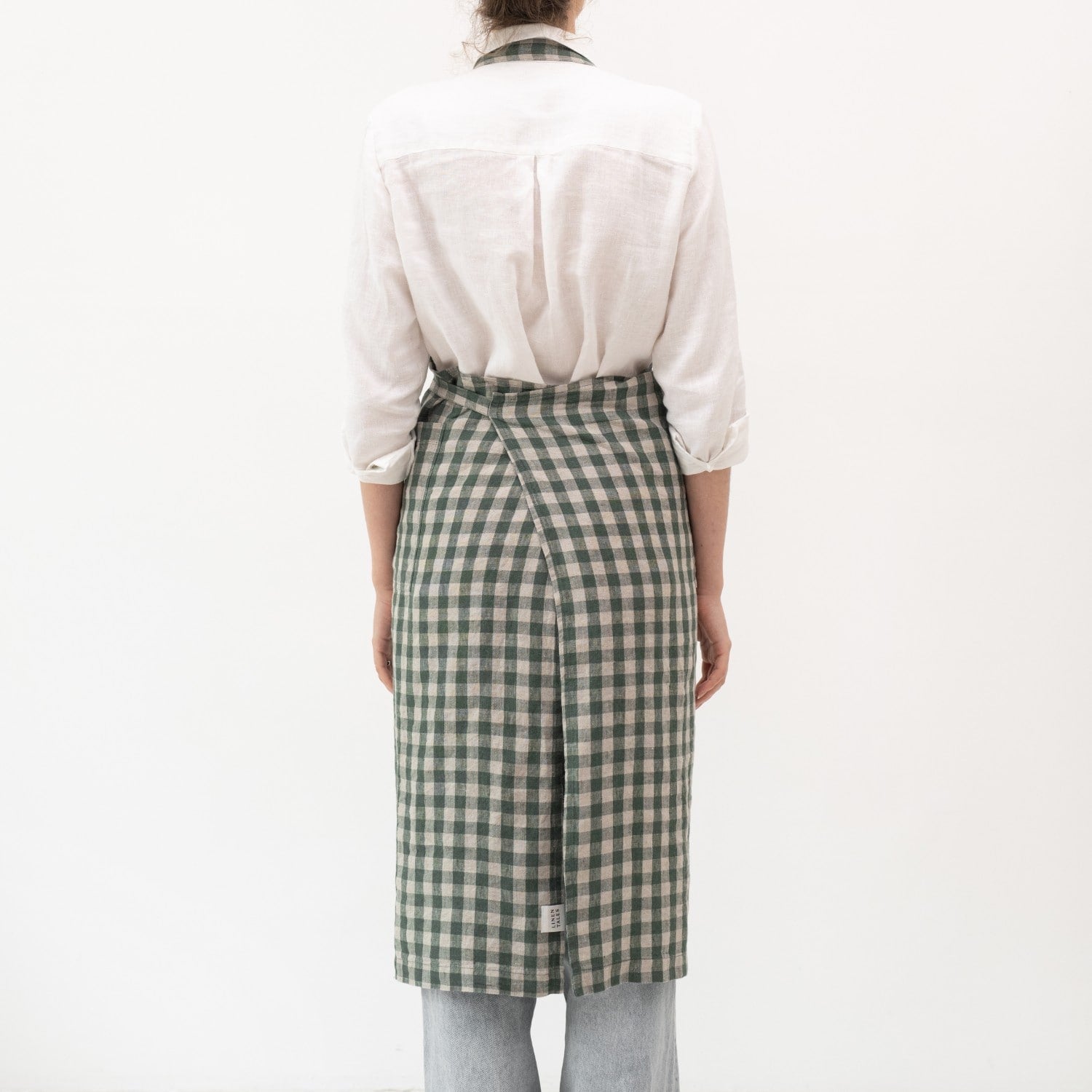Forest Green Gingham lino šefo prijuostė — naturalusdrabuziai.lt