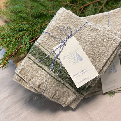 Green Stripe Vintage lino virtuvinė servetė — naturalusdrabuziai.lt