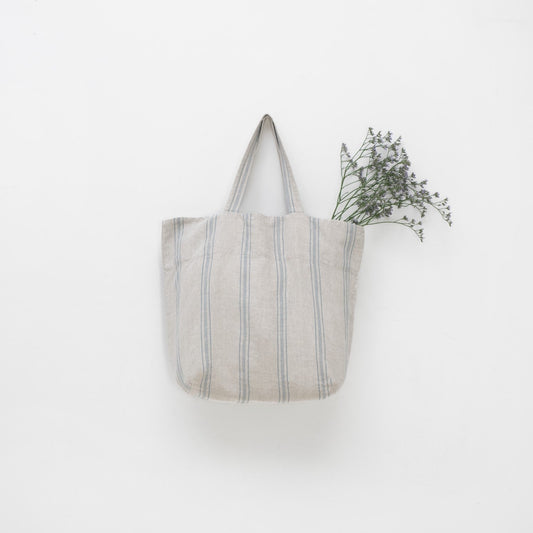 Grey Blue Wide Stripe Rustic lino didelis krepšys — naturalusdrabuziai.lt