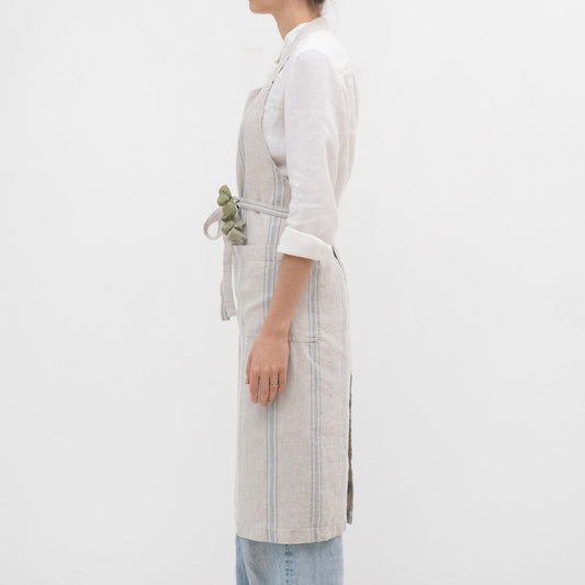 Grey Blue Wide Stripe Rustic lino šefo prijuostė — naturalusdrabuziai.lt
