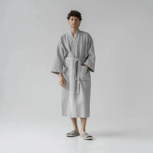 Light Grey lino & medvilnės Honeycomb Waffle chalatas — naturalusdrabuziai.lt