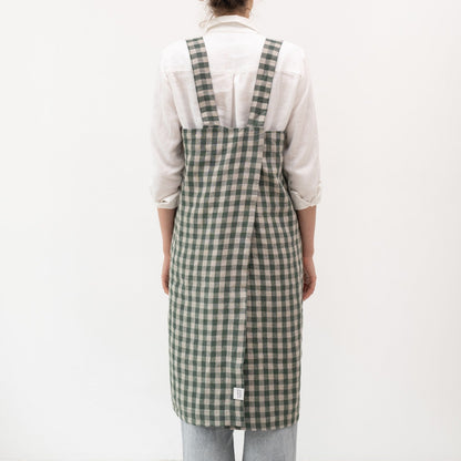 lino Tales Forest Green Gingham lino Pinafore prijuostė — naturalusdrabuziai.lt