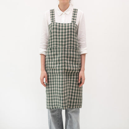 lino Tales Forest Green Gingham lino Pinafore prijuostė — naturalusdrabuziai.lt