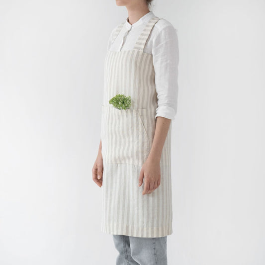 lino Tales Natural White Stripes lino Pinafore prijuostė — naturalusdrabuziai.lt