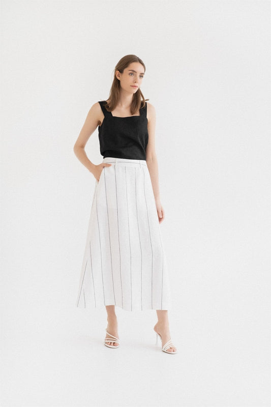 Milk White with Grey Stripe lino Jasmine sijonas — naturalusdrabuziai.lt