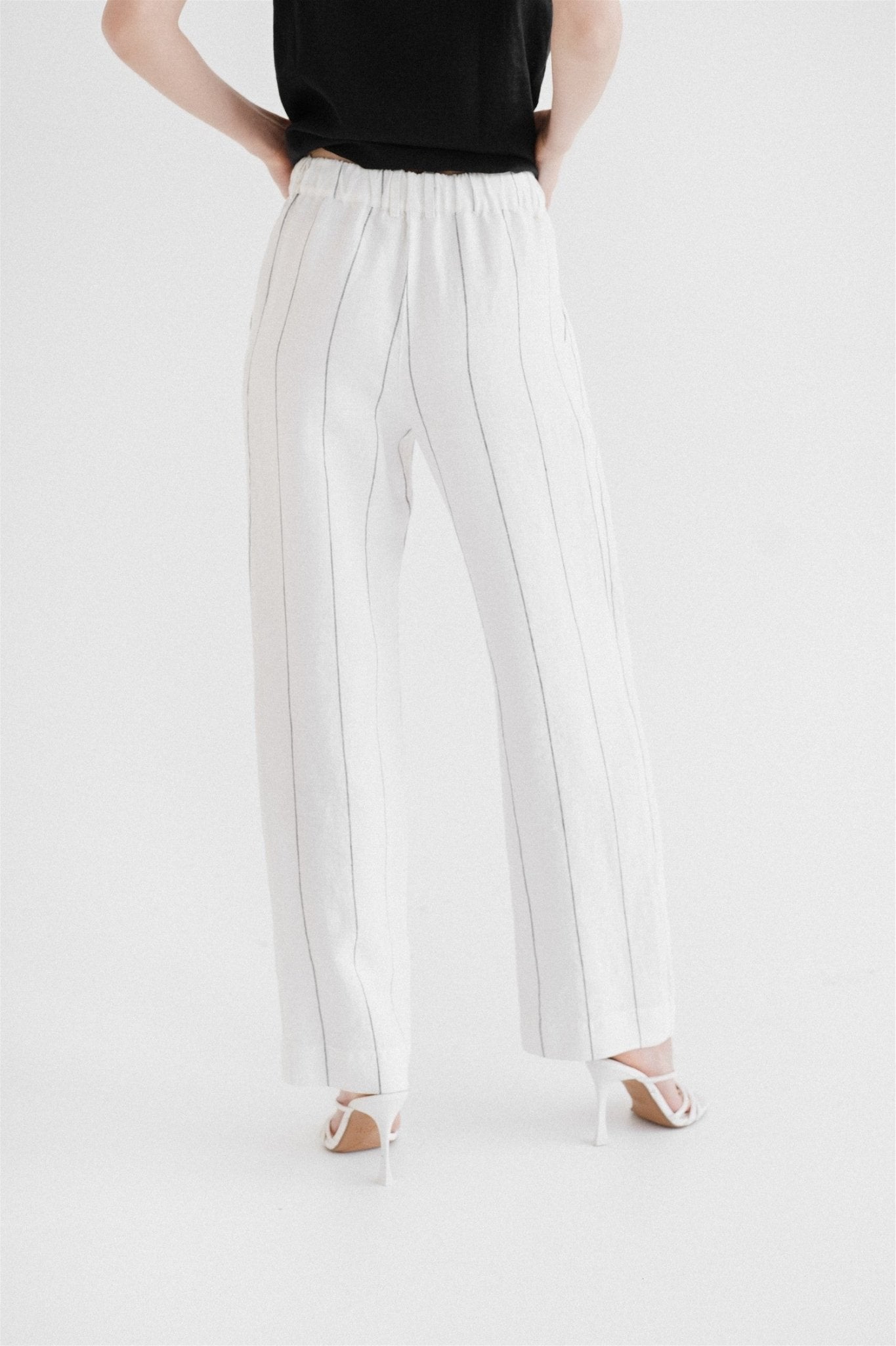 Milk White with Grey Stripe lino Willow kelnės — naturalusdrabuziai.lt
