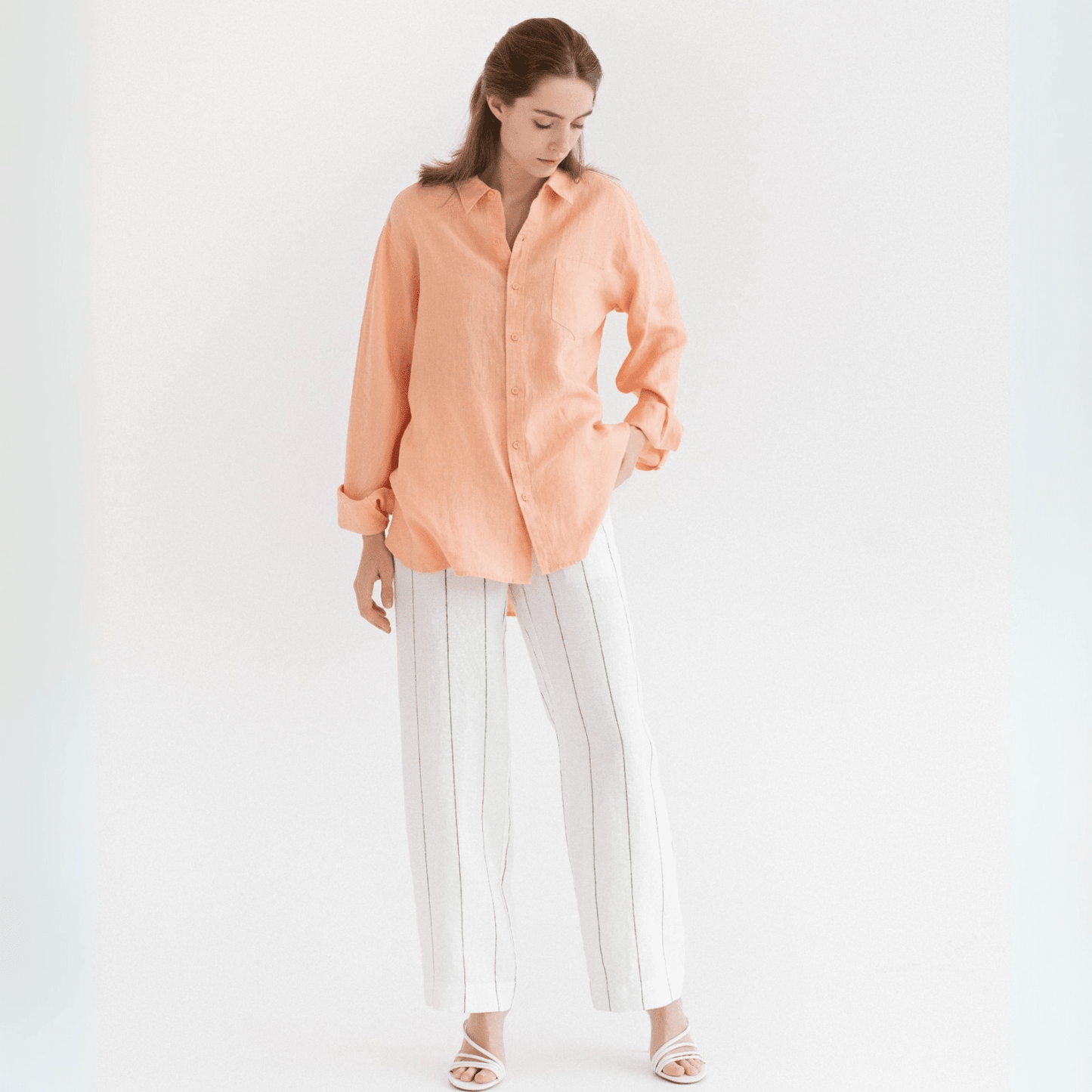 Milk White with Grey Stripe lino Willow kelnės — naturalusdrabuziai.lt