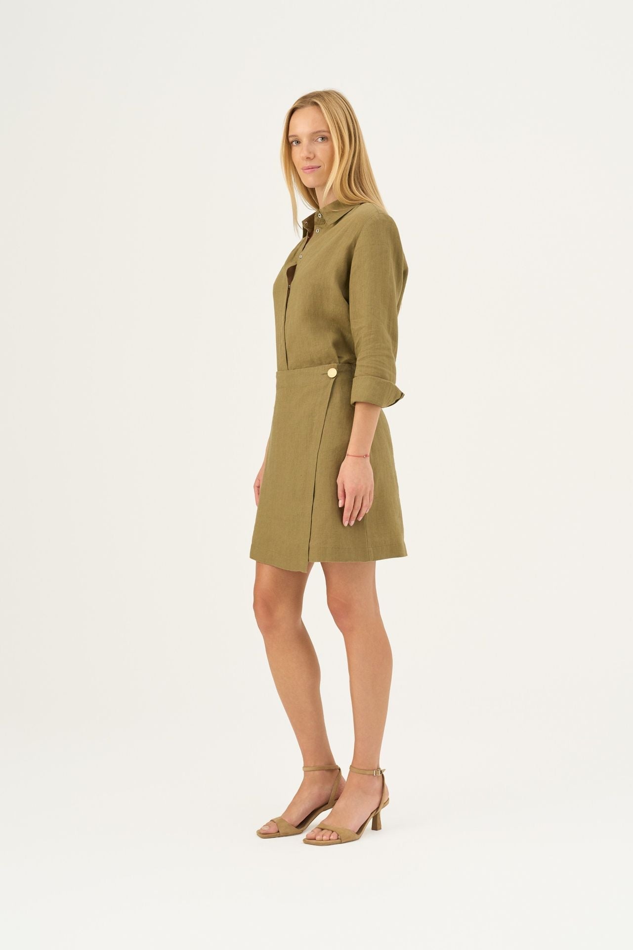 Olive Khaki lino Azalea marškiniai — naturalusdrabuziai.lt