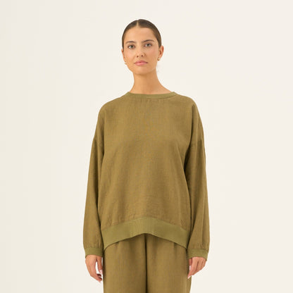 Olive Khaki lino Dahlia megztinis — naturalusdrabuziai.lt
