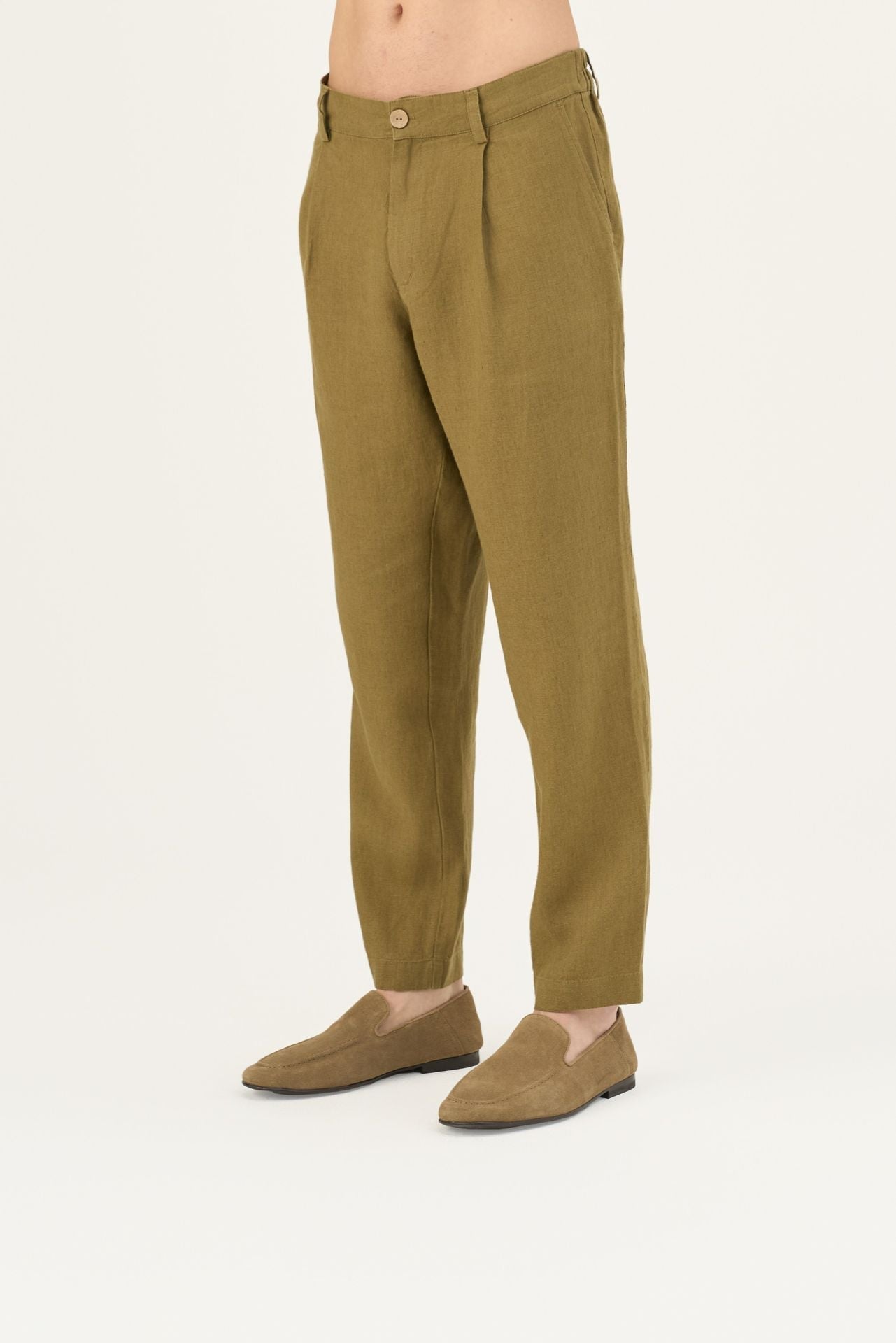 Olive Khaki lino Magnus kelnės — naturalusdrabuziai.lt