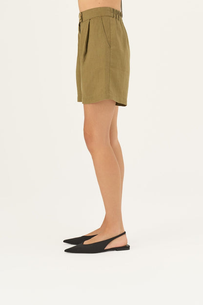 Olive Khaki lino Mirabilis šortai — naturalusdrabuziai.lt