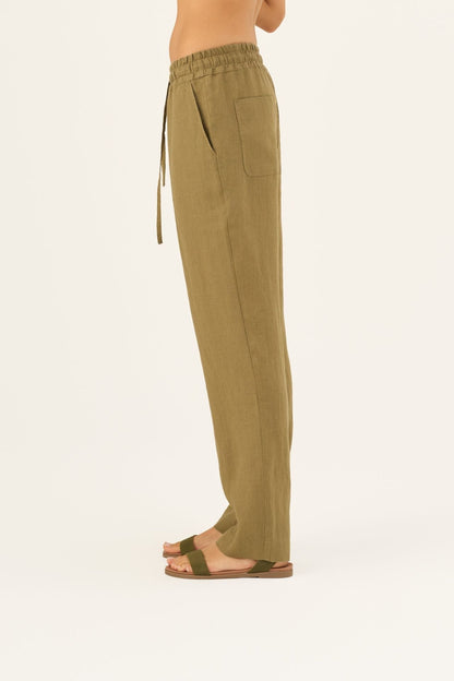Olive Khaki lino Octave kelnės — naturalusdrabuziai.lt