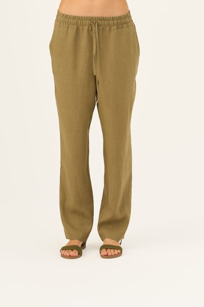 Olive Khaki lino Octave kelnės — naturalusdrabuziai.lt