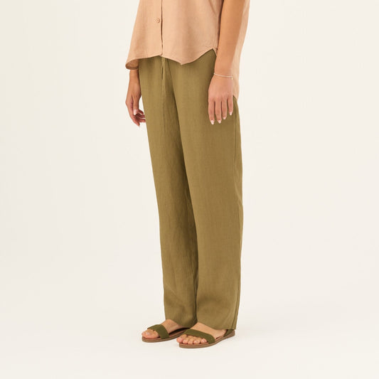 Olive Khaki lino Octave kelnės — naturalusdrabuziai.lt