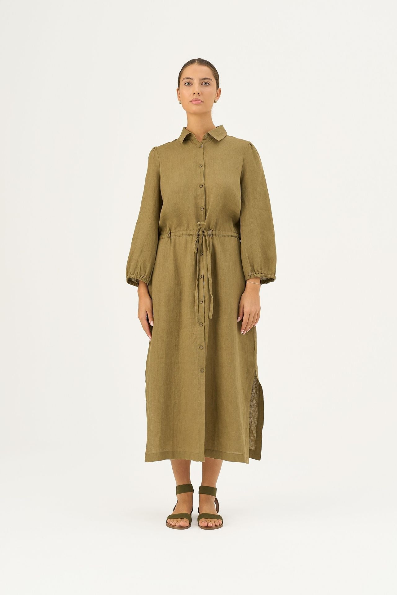 Olive Khaki lino Rhapsody suknelė — naturalusdrabuziai.lt