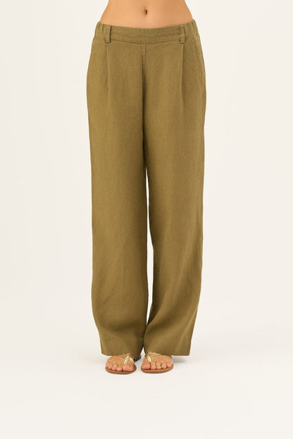 Olive Khaki lino Willow kelnės — naturalusdrabuziai.lt