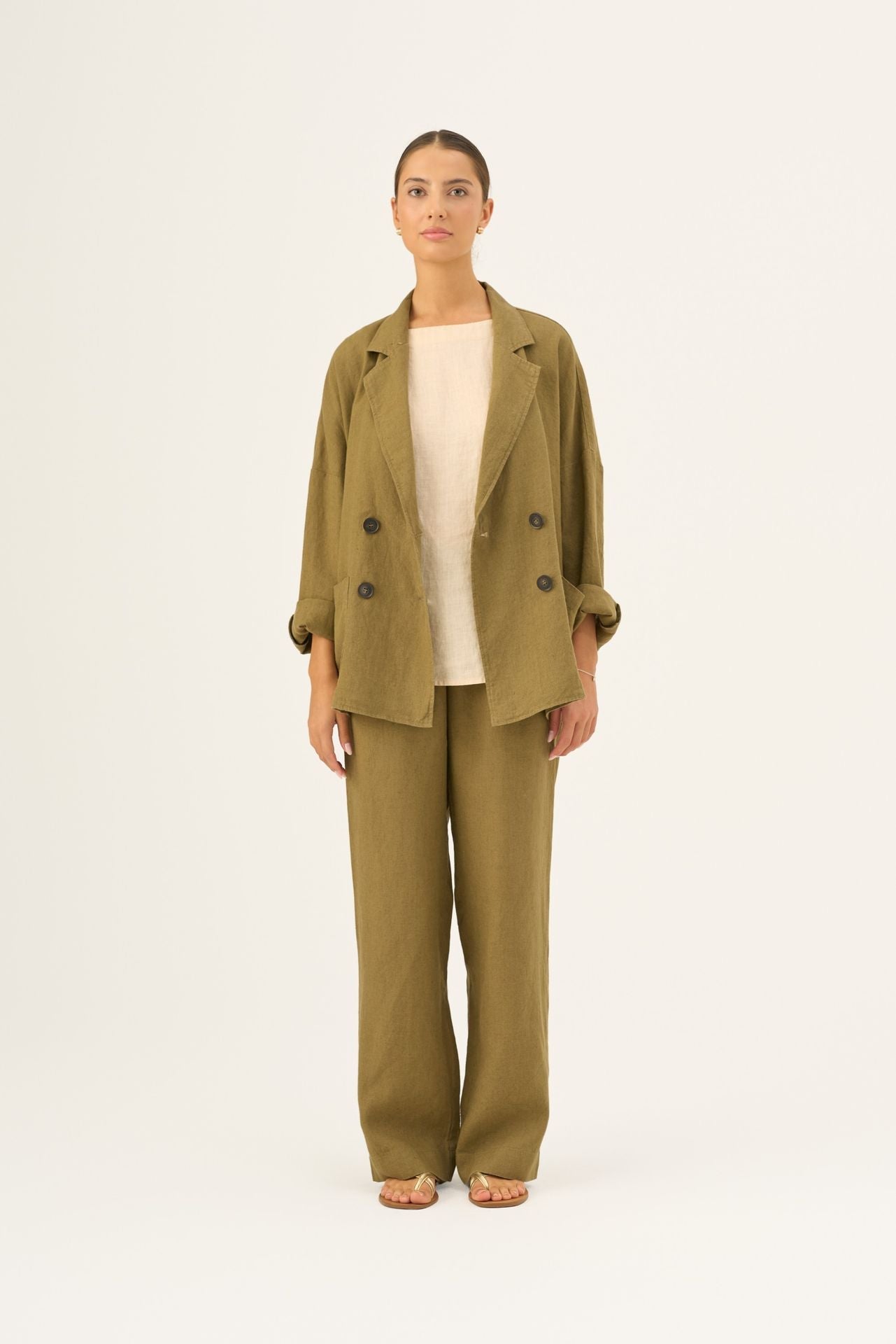 Olive Khaki lino Willow kelnės — naturalusdrabuziai.lt