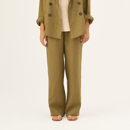 Olive Khaki lino Willow kelnės — naturalusdrabuziai.lt