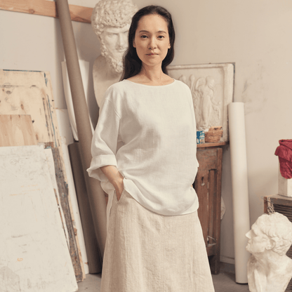 Optical White Linen Bilberry Top