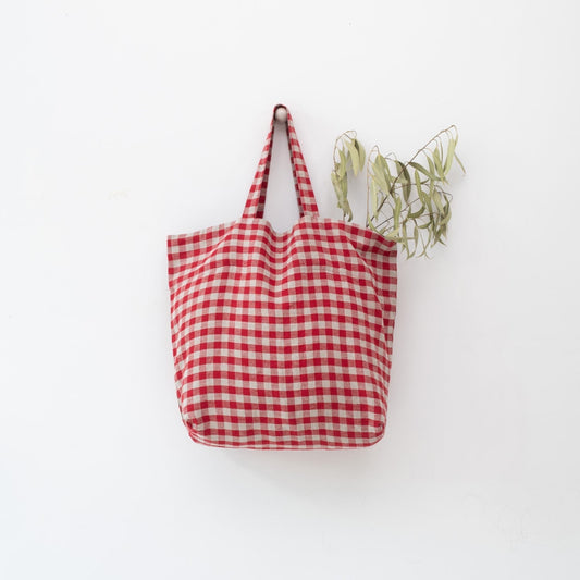 Red Gingham lino didelis krepšys — naturalusdrabuziai.lt
