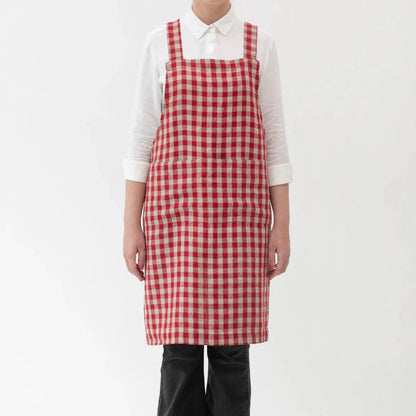 Red Gingham lino kryžminio tipo prijuostė — naturalusdrabuziai.lt