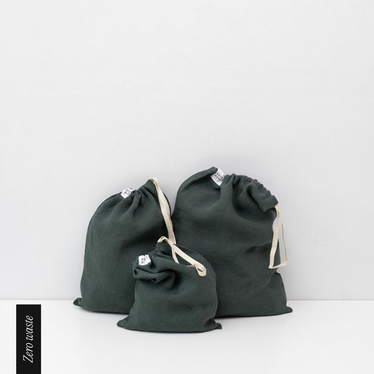 Zero Waste Forest Green lino Drawstring Bags rinkinys of 3 — naturalusdrabuziai.lt