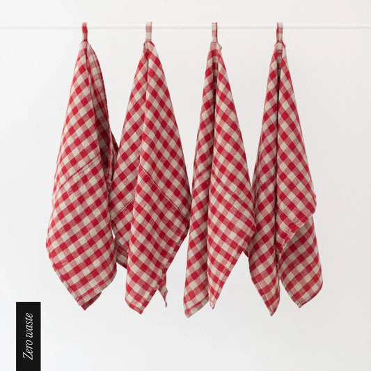 Zero Waste Red Gingham lino virtuvinė servetės rinkinys 4 vnt. — naturalusdrabuziai.lt