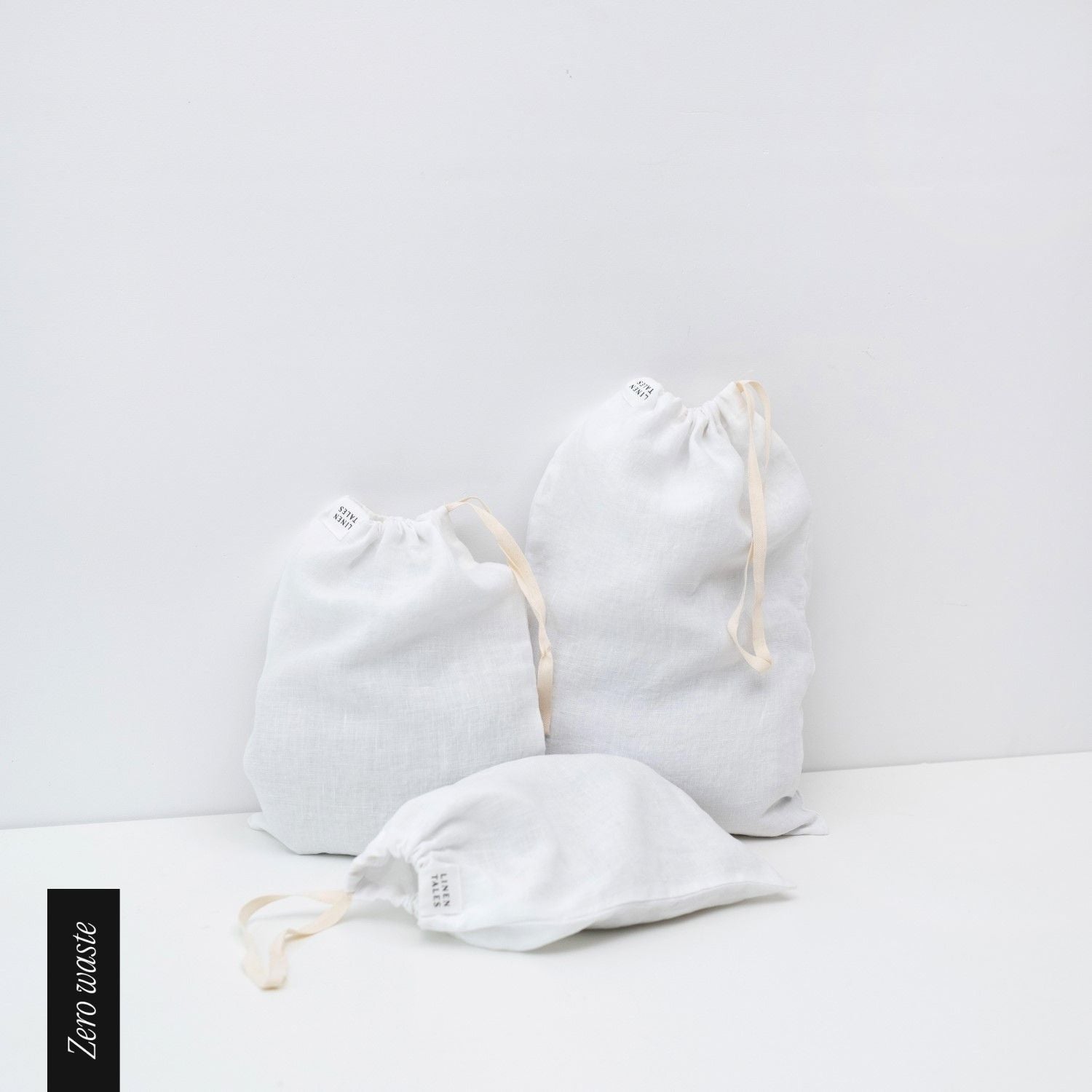 Zero Waste White lino Drawstring Bags rinkinys of 3 — naturalusdrabuziai.lt